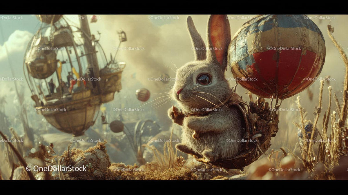 Fluffy rabbit holding red and blue balloon floating over grass with airship in background