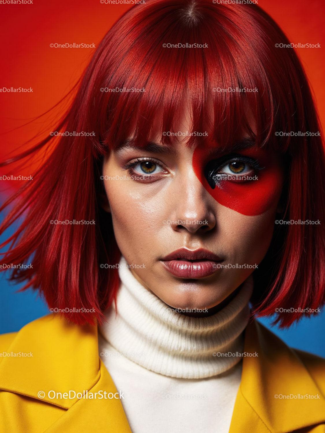 Striking Woman with Artistic Blue Face Paint and Red Lipstick Stock Photo Bundle preview 8