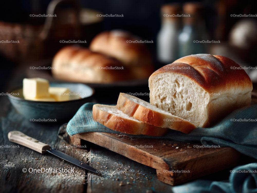 Rustic Homemade Bread Slices on Wooden Cutting Board with Butter
