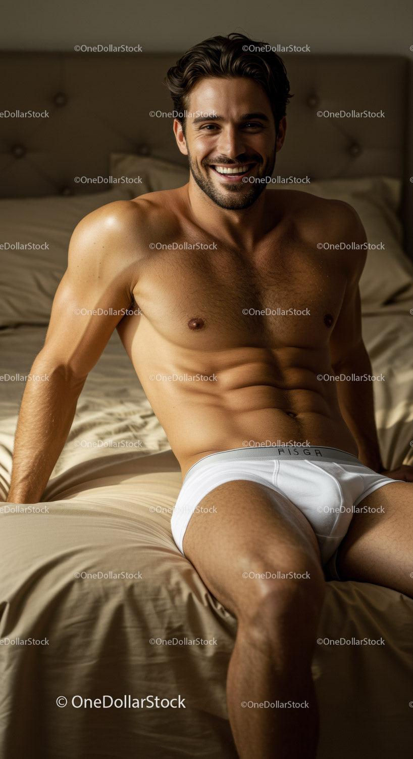Smiling young man relaxing on bed in white underwear