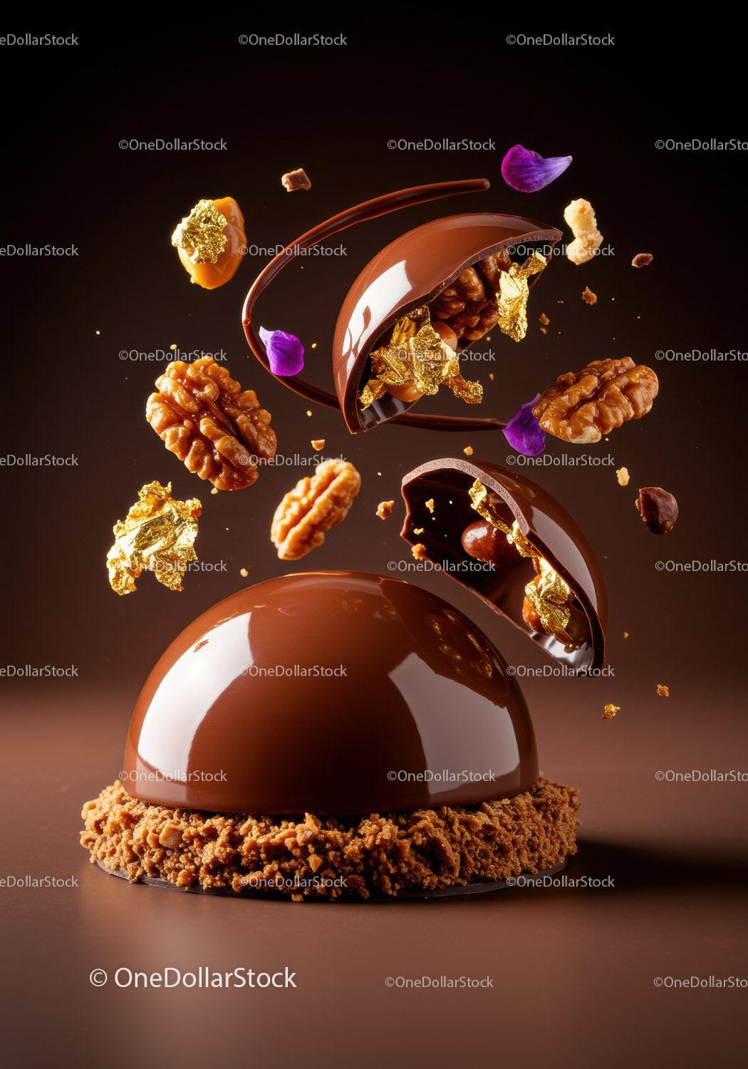 Luxury chocolate dome dessert with walnuts and gold leaf