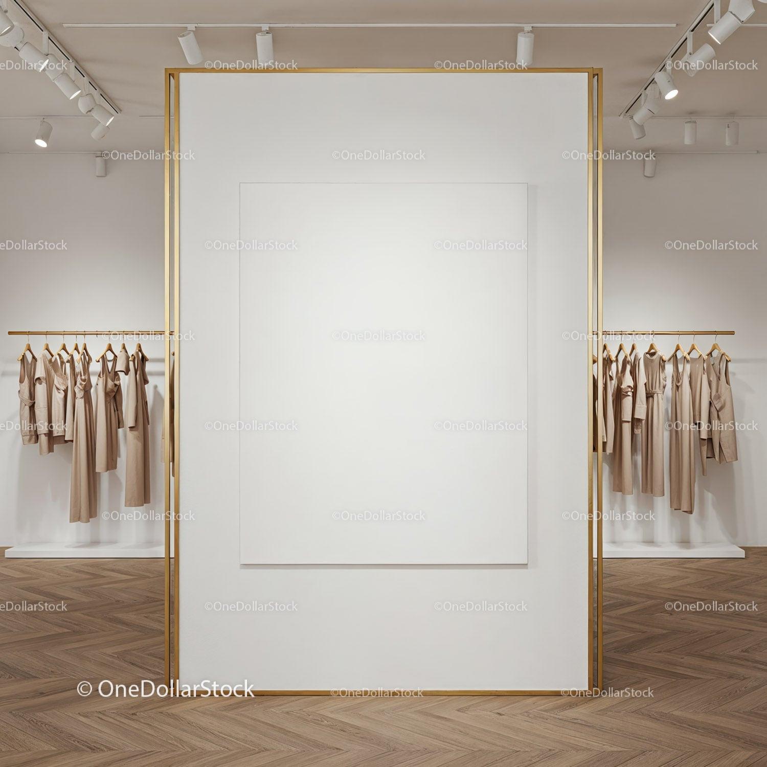 Minimalist boutique interior with neutral clothing display