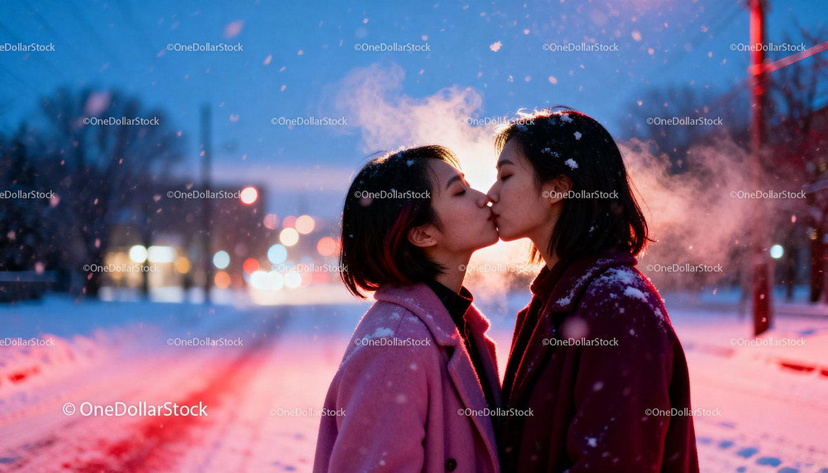 Couple sharing a tender kiss on snowy winter evening