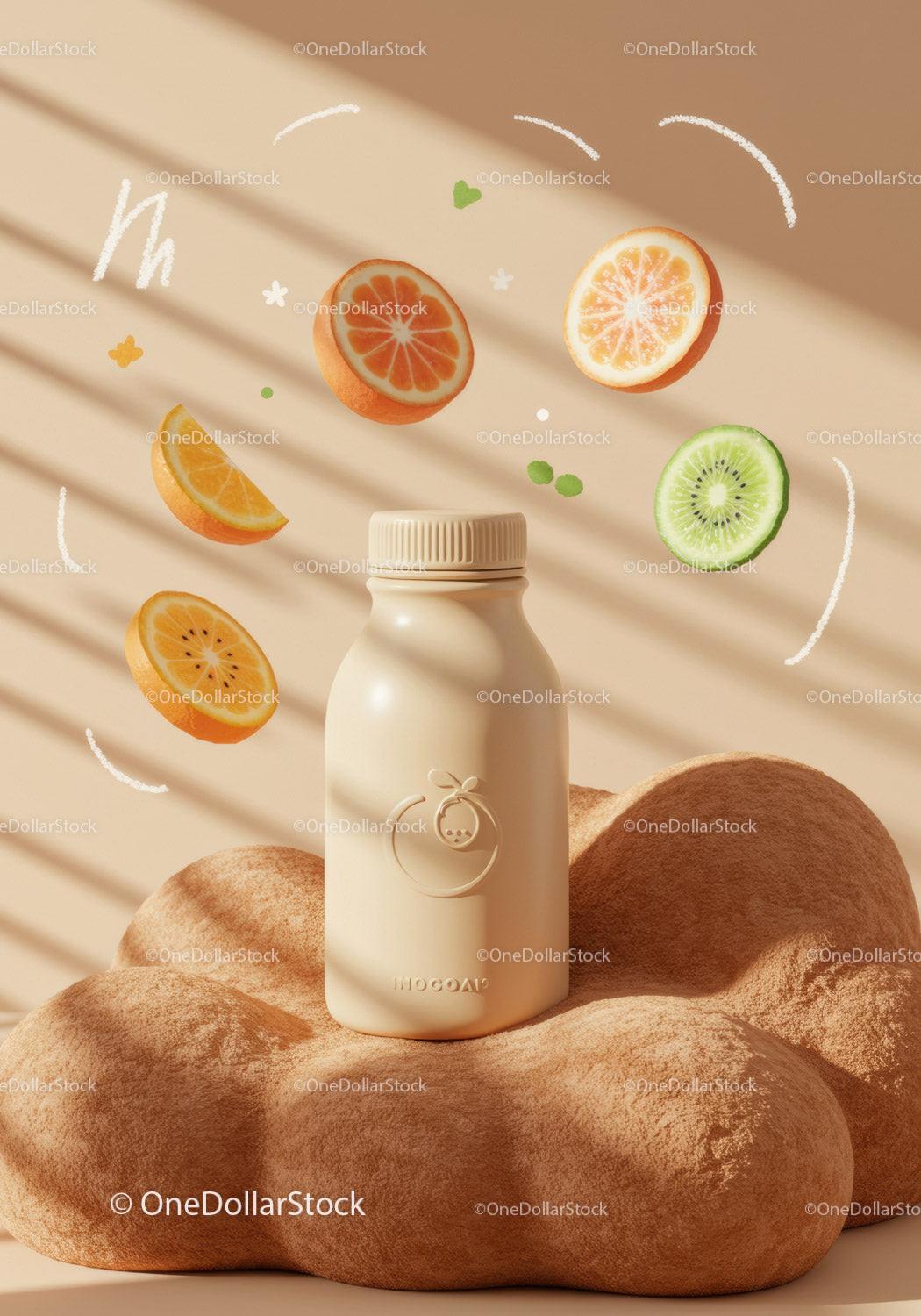 Minimalist fruit smoothie bottle on soft textured base