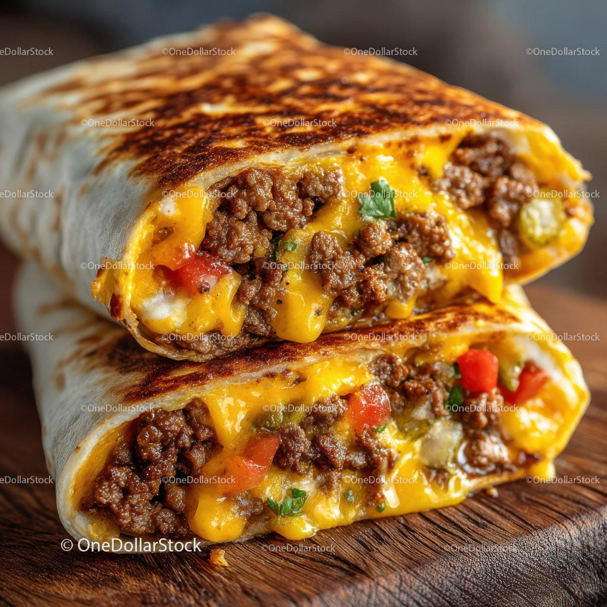Ground Beef and Cheese Burrito with Fresh Tomato and Crispy Tortilla