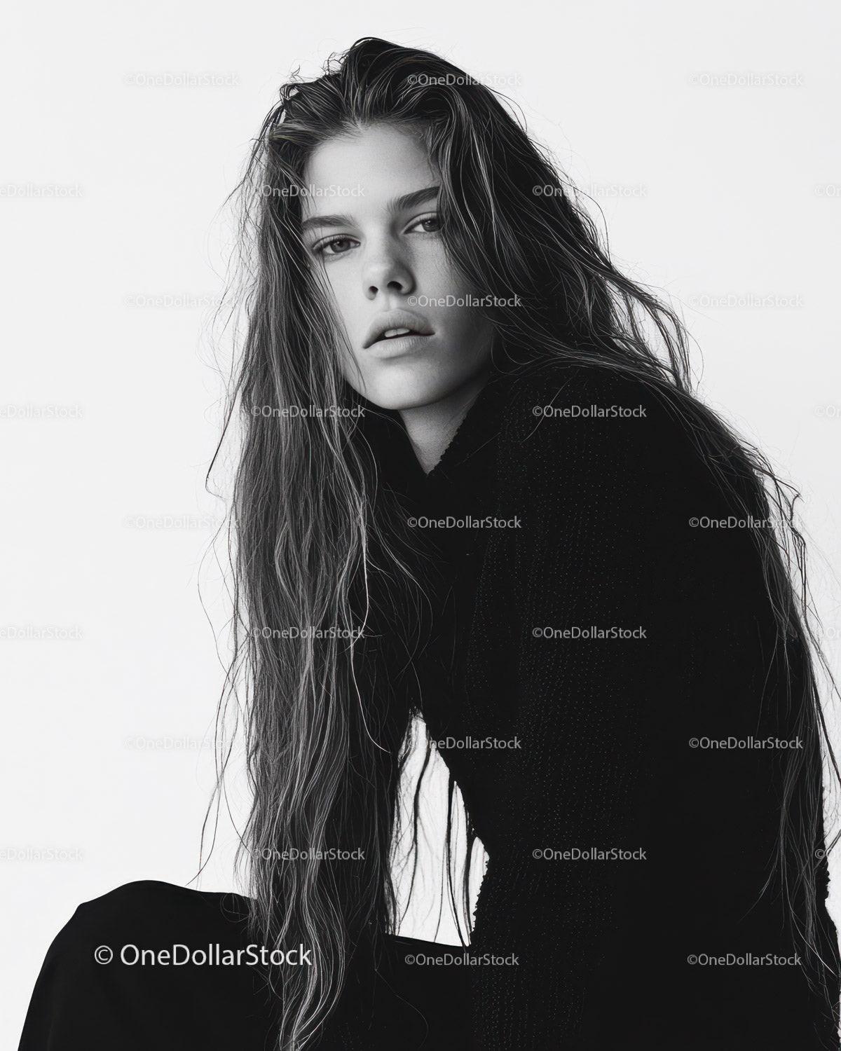 Fashionable Black and White Portrait of a Young Woman with Long Hair