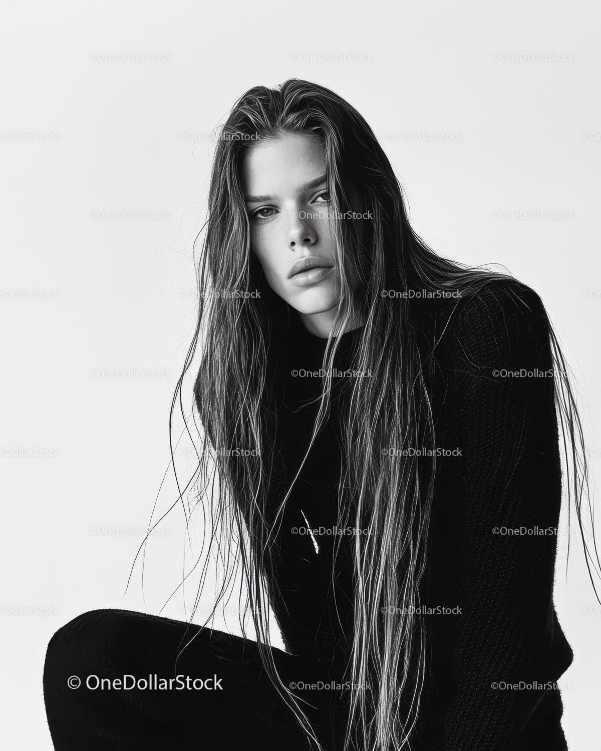 Black and White Fashion Portrait of a Young Woman with Wet Hair