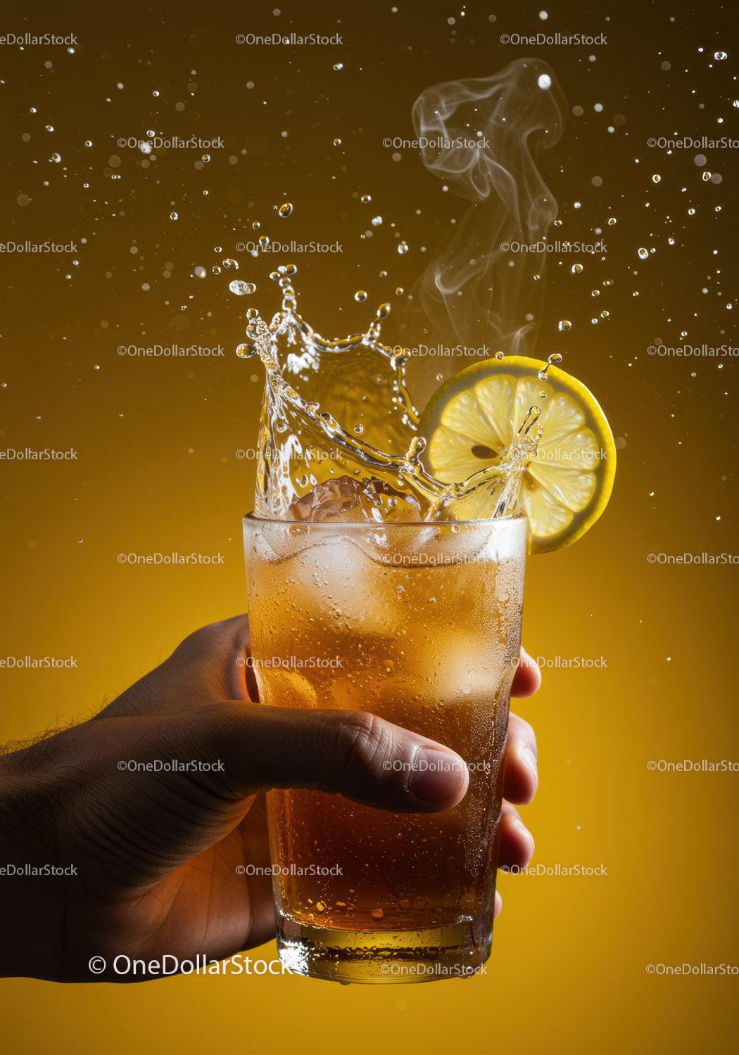 Refreshing iced tea with lemon splash in hand