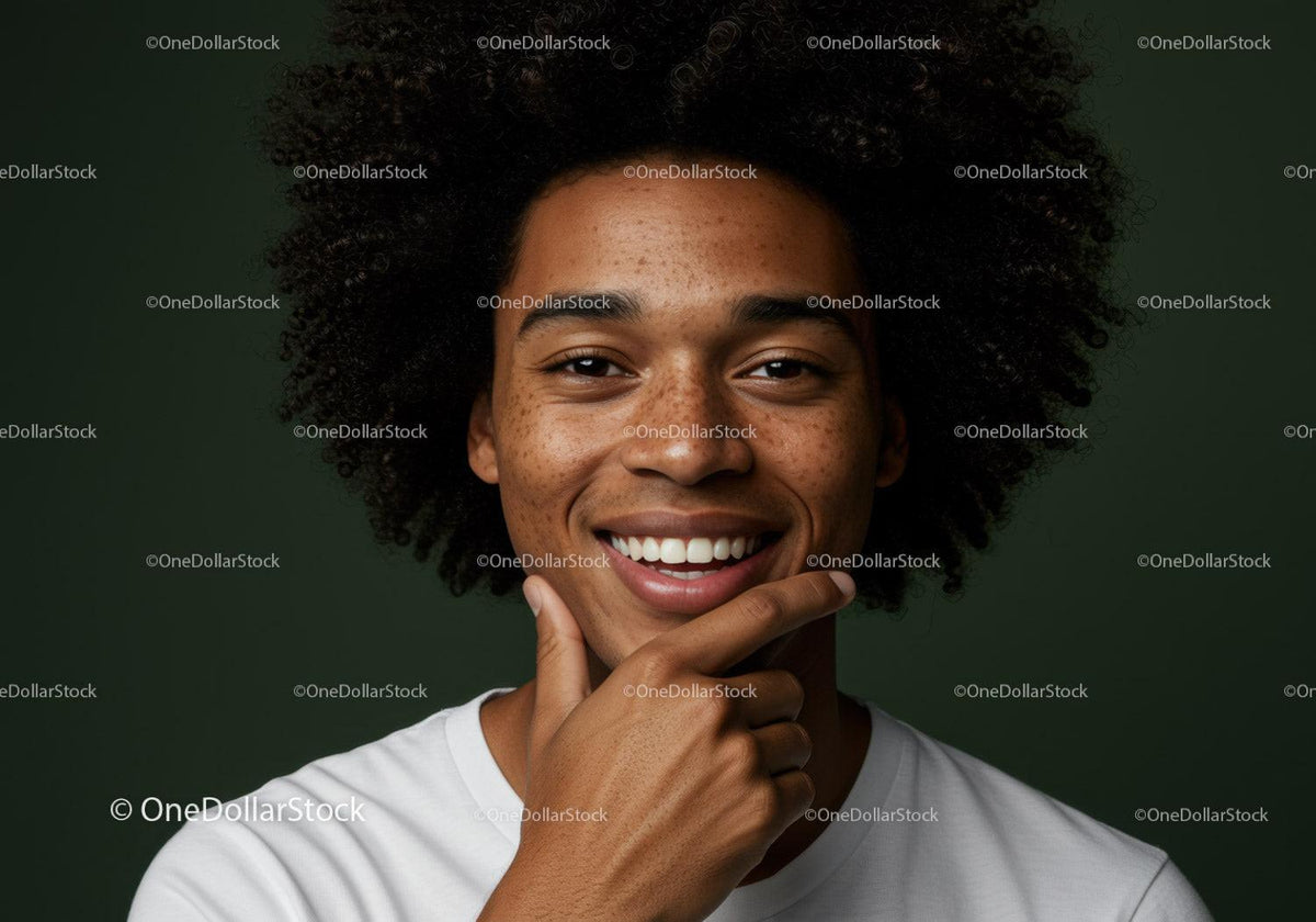 Portrait of Smiling Woman with Afro Hair and Freckles Against Green Background