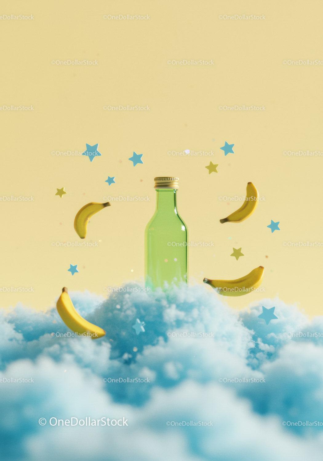 Green glass bottle surrounded by floating bananas and stars JPG Mockup Image preview