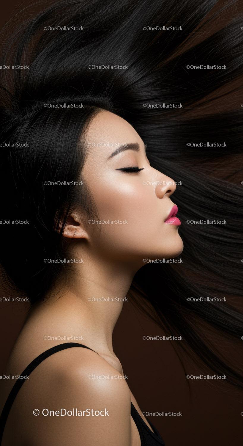 Profile of calm woman with flowing dark hair