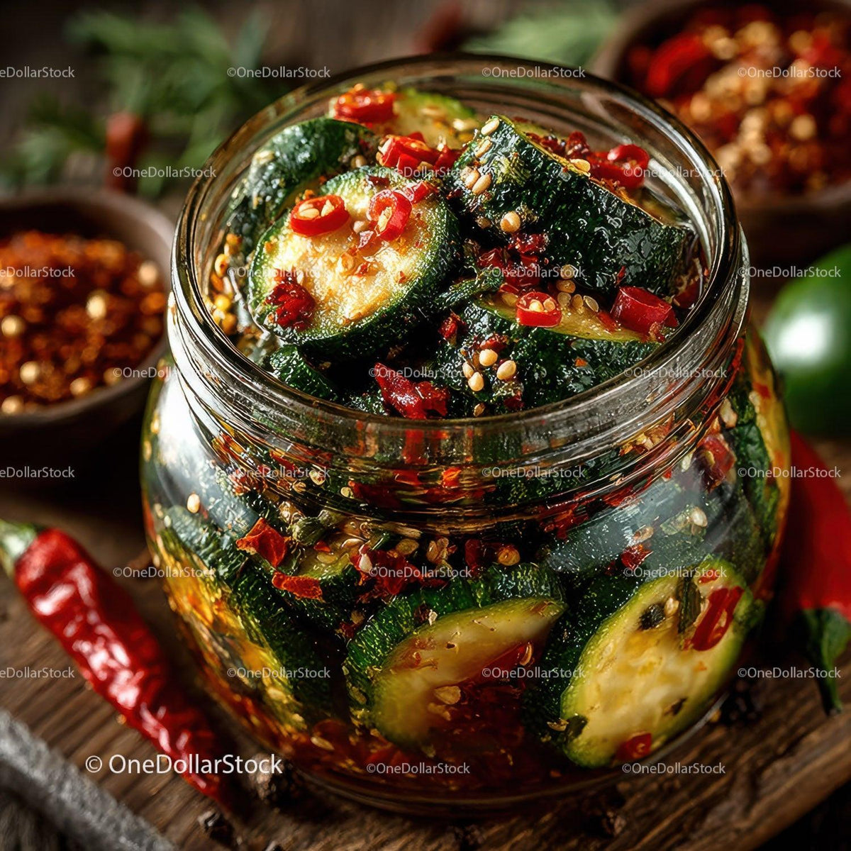 Vibrant Spicy Cucumber Kimchi in Glass Jar with Fresh Vegetables Stock Photo Bundle preview 12
