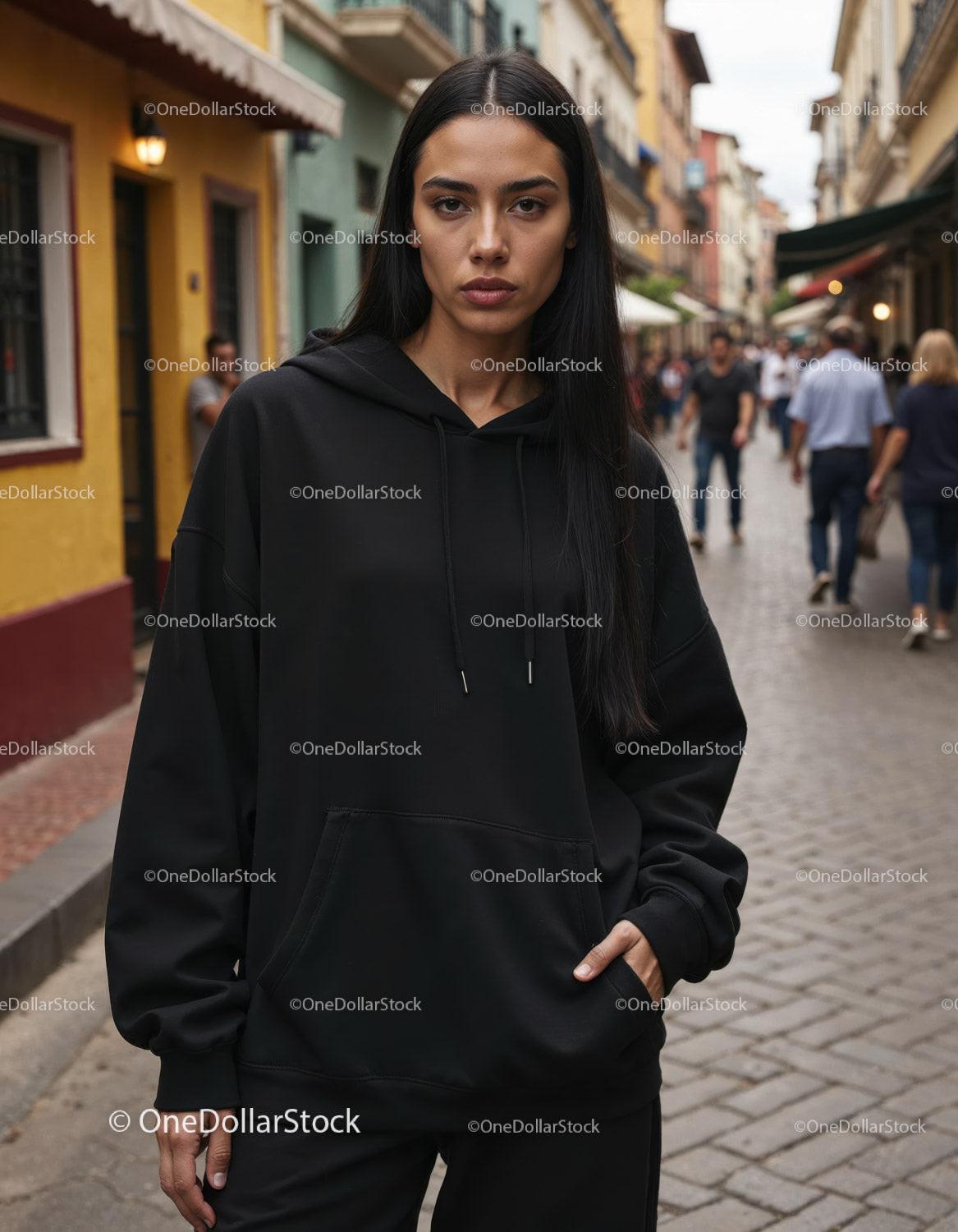 Fashionable Woman Wearing Black Hoodie in Urban City Street Stock Photo Bundle preview 47
