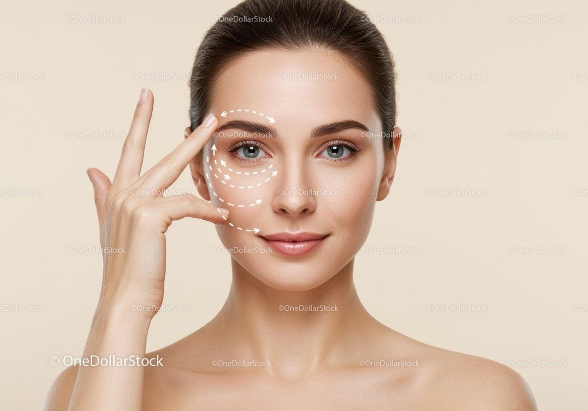 Close-up of a young woman with flawless skin demonstrating facial massage