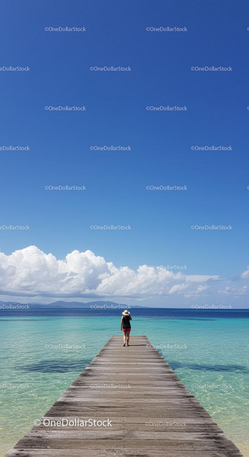 Woman Walking on Pier Over Clear Blue Water Under Bright Sky