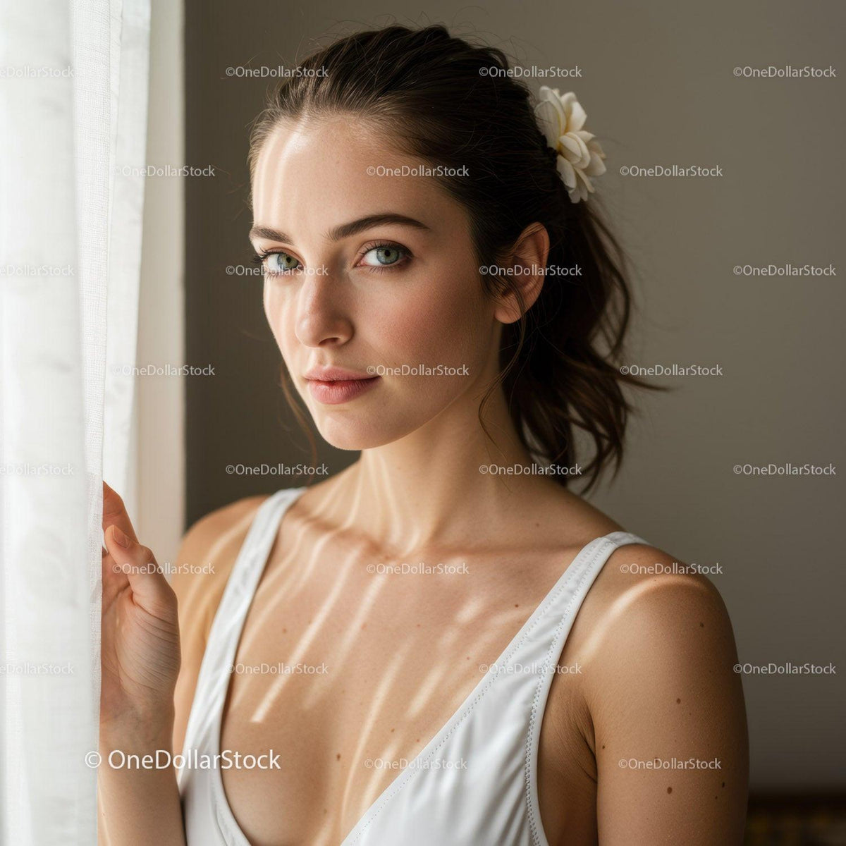 Elegant Portrait of a Woman with Blue Eyes and White Flower Accessory