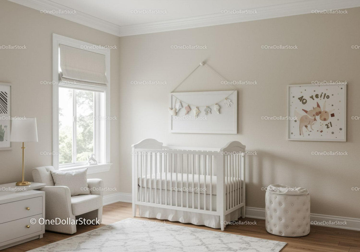 Bright Nursery with White Baby Crib and Playful Wall Art