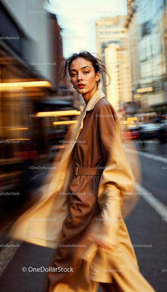 Chic Woman in Brown Coat Walking Through Busy City Street Stock Photo Bundle preview 28