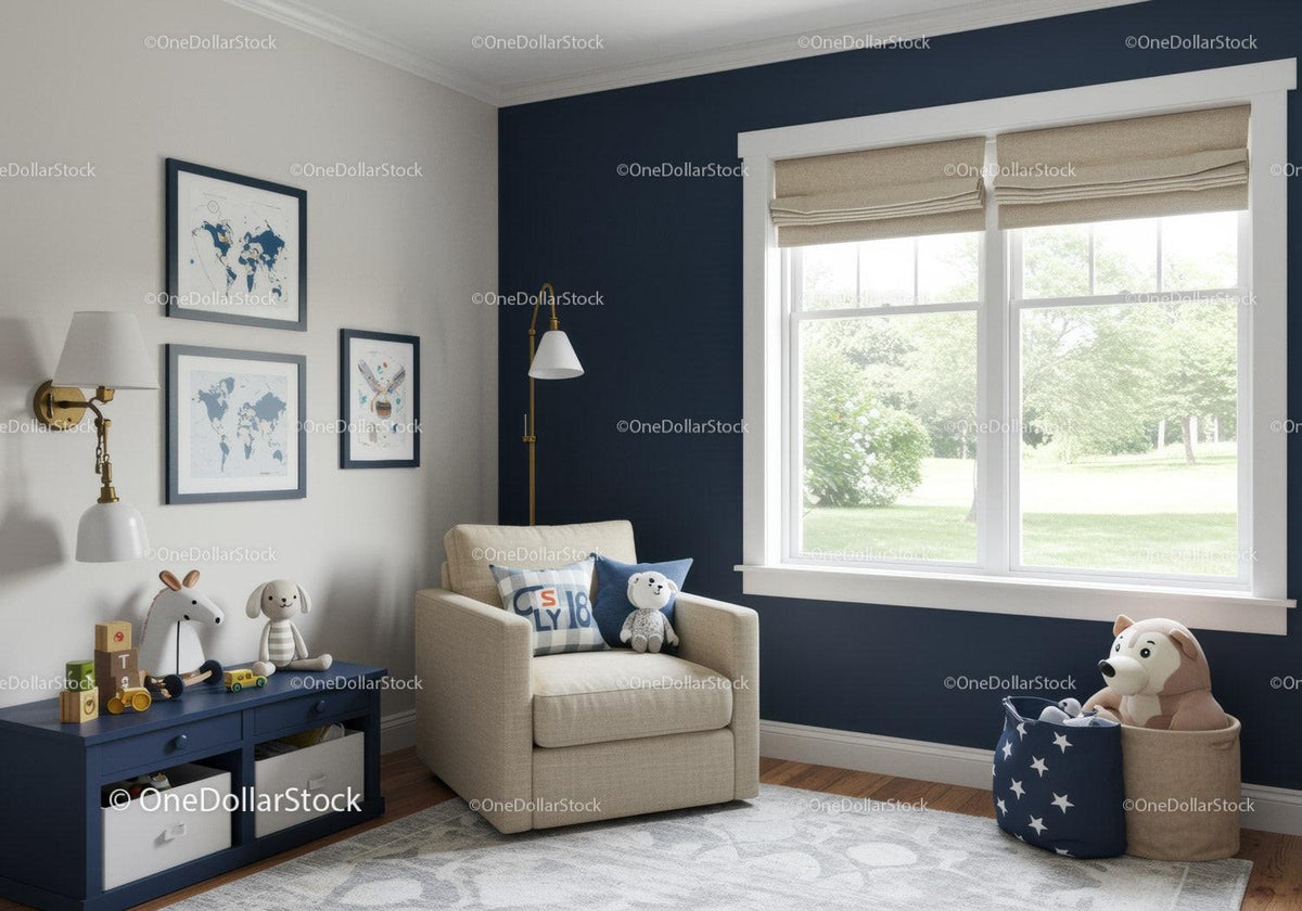 Kids Room with Beige Armchair and Toy Storage near Window