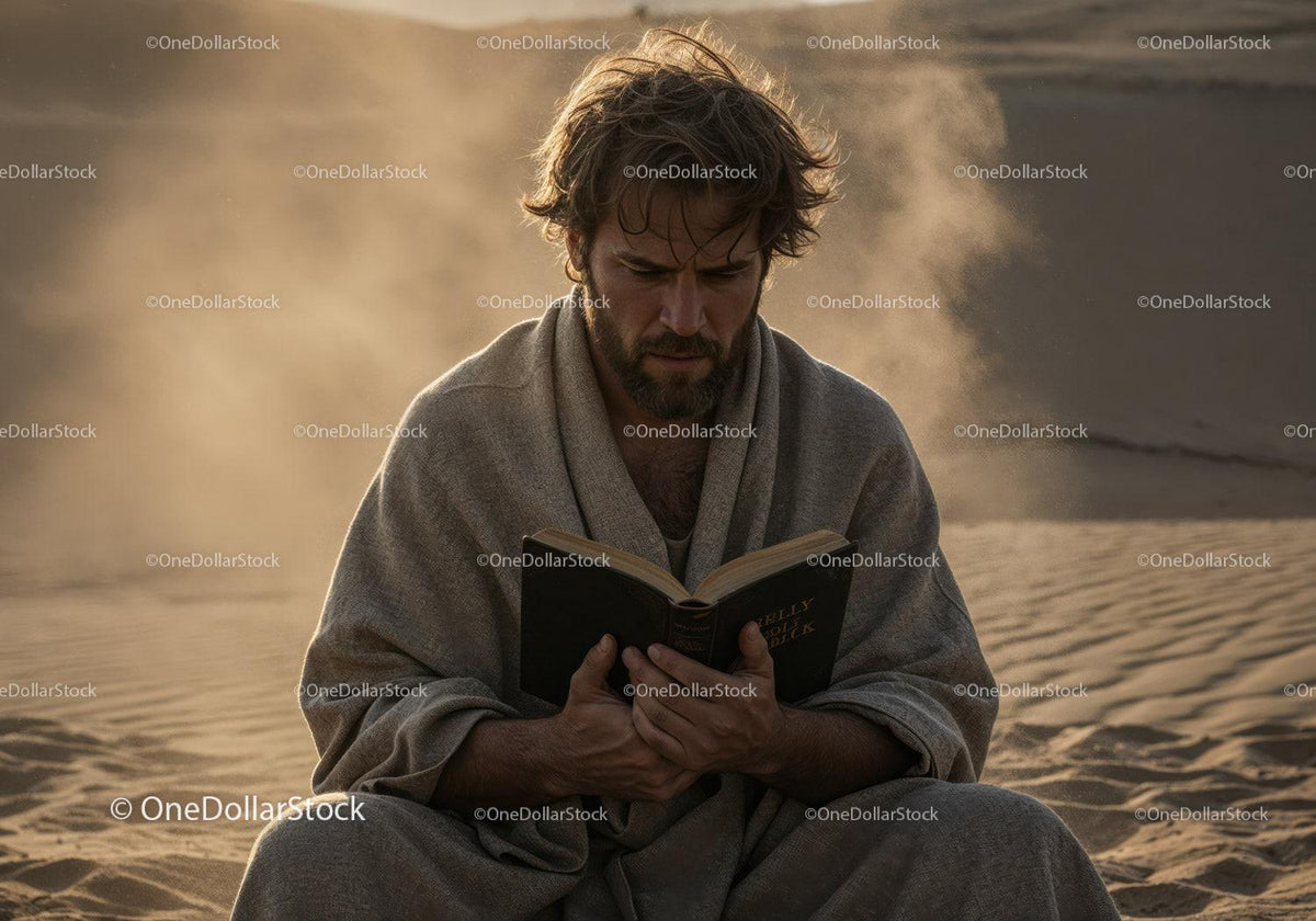 Man in Casual Clothing Reading Book in Desert During Dust Storm Stock Photo Bundle preview