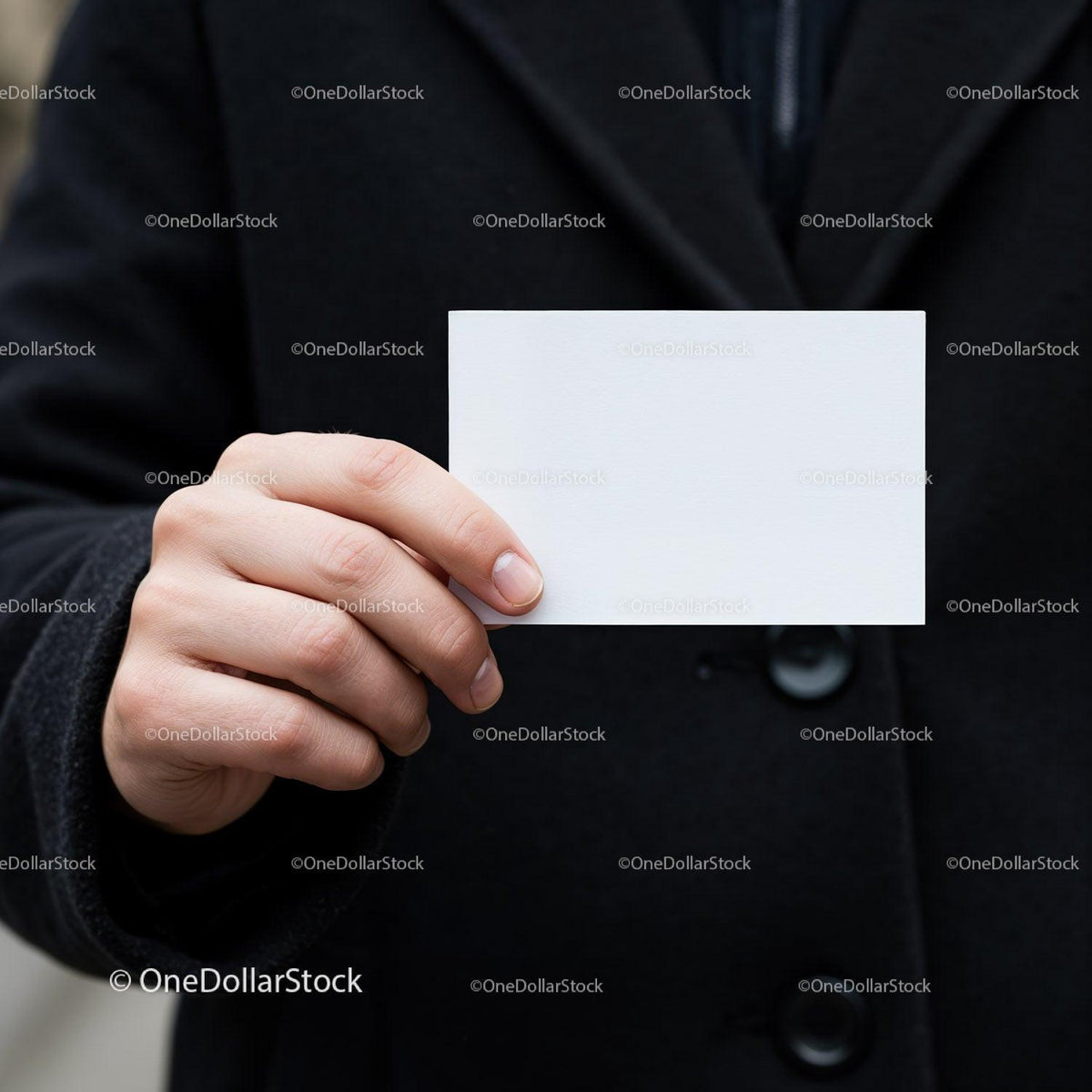 Person Holding Blank White Business Card in Black Coat JPG Mockup Image preview