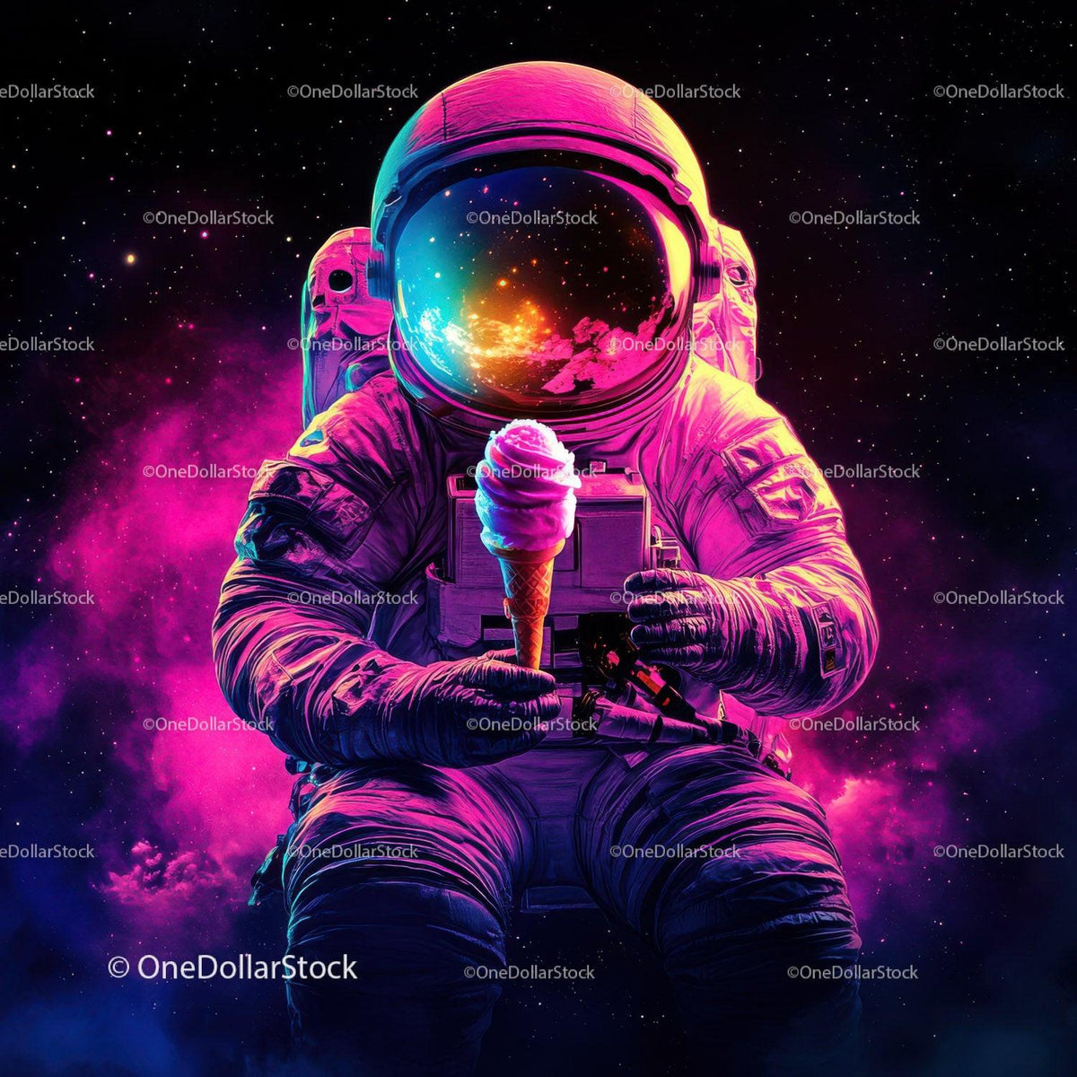Colorful Astronaut Holding Ice Cream in Space with Galaxy Reflection Stock Photo Bundle preview 21
