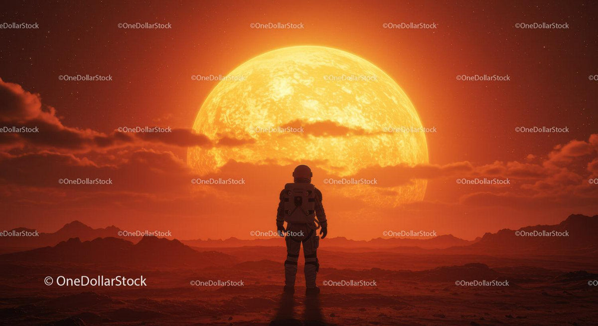 Astronaut Standing on Alien Planet with Large Sun Setting Behind Stock Photo Bundle preview 27