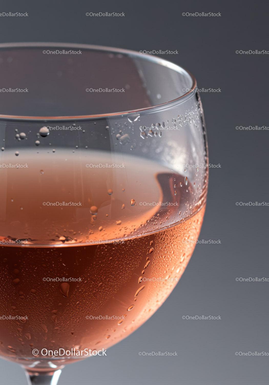 Close up of chilled rosé wine glass with water droplets