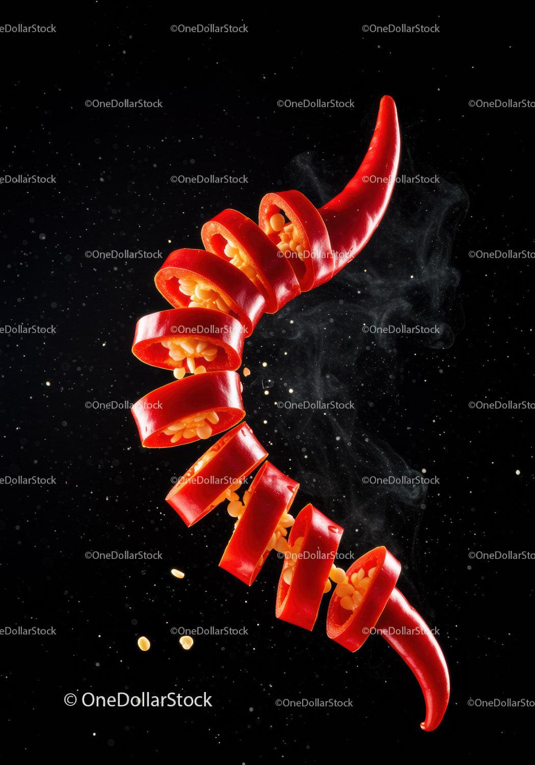 Sliced red chili pepper with flying seeds and smoke