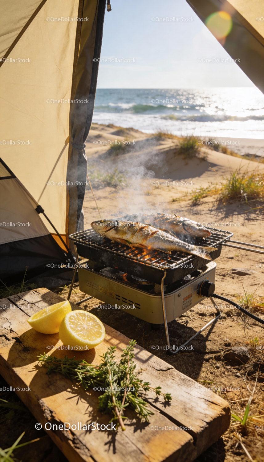 Fresh Fish Grilling by the Beachside Camping Tent