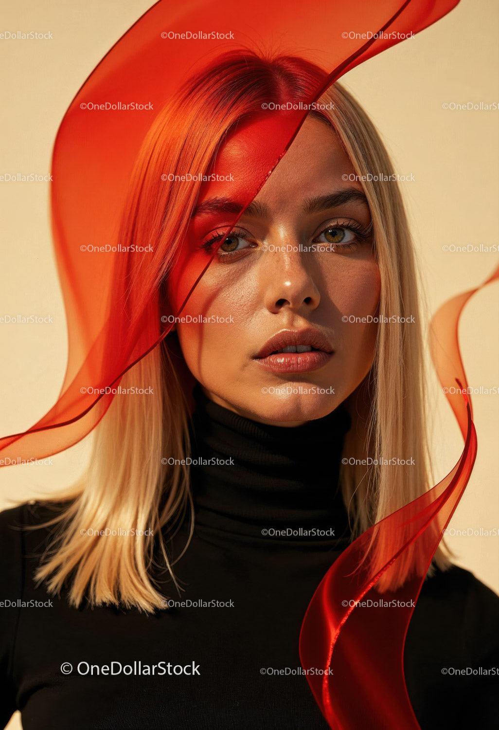 Creative Artistic Makeup Portrait with Red Face Paint and Blonde Hair Stock Photo Bundle preview 18