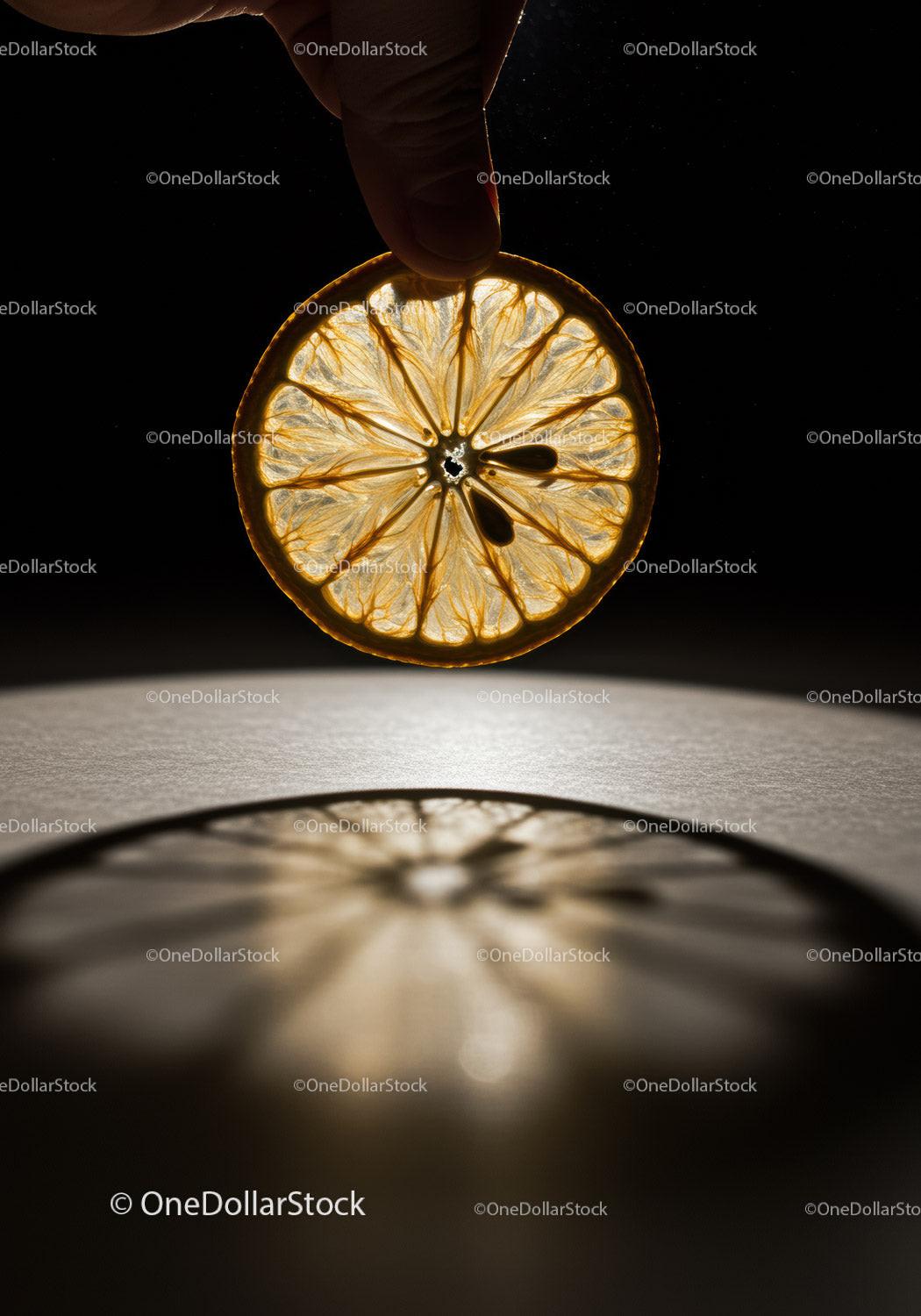 Hand Holding Translucent Lemon Slice with Shadow