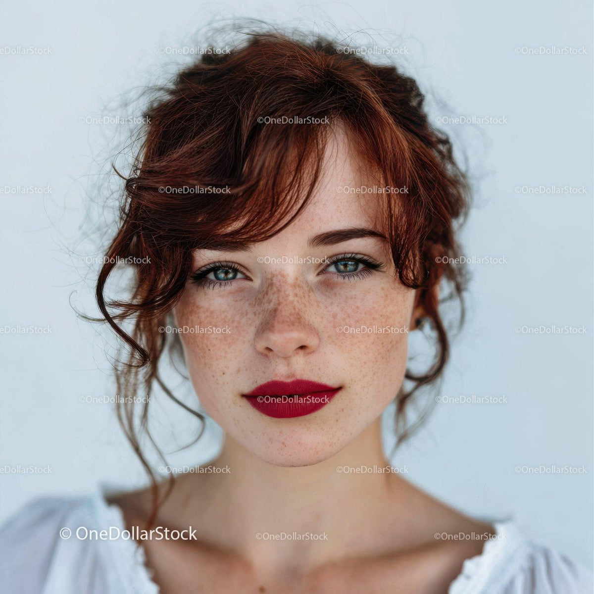 Close-Up of Red-Haired Woman with Blue Eyes and Freckles in Natural Light