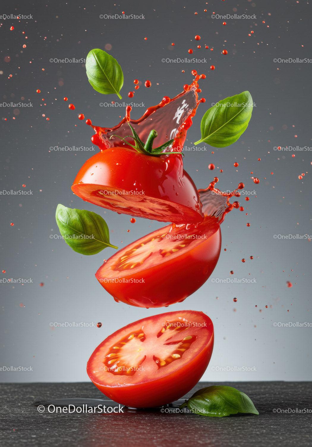 Fresh tomato slices bursting with juice and basil leaves