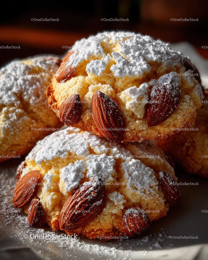 Almond Cookies with Powdered Sugar and Whole Almond Topping