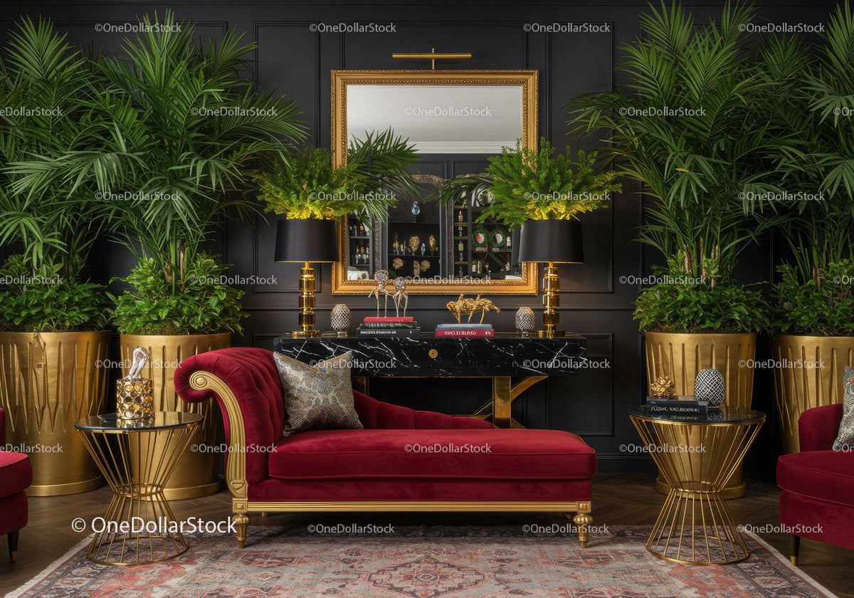 Elegant living room with red velvet chaise lounge and plants