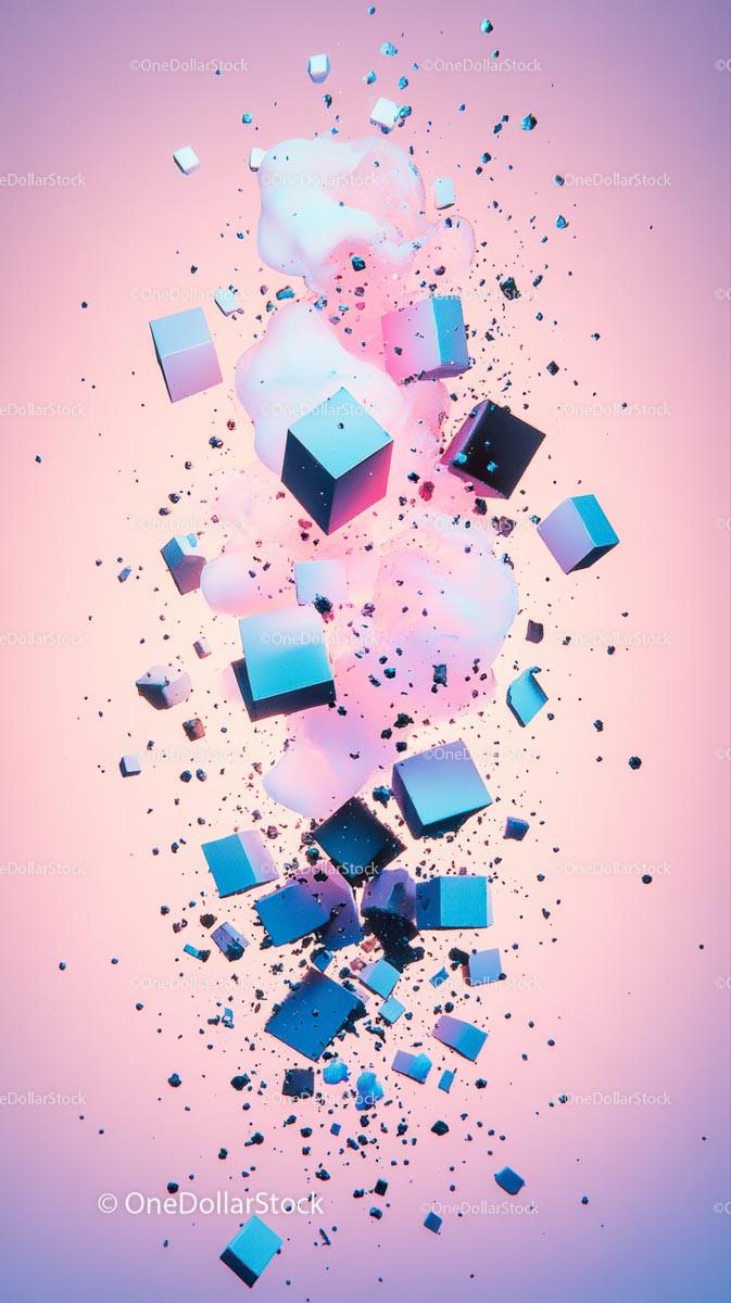 Vibrant Geometric Explosion with Floating Cubes and Particles