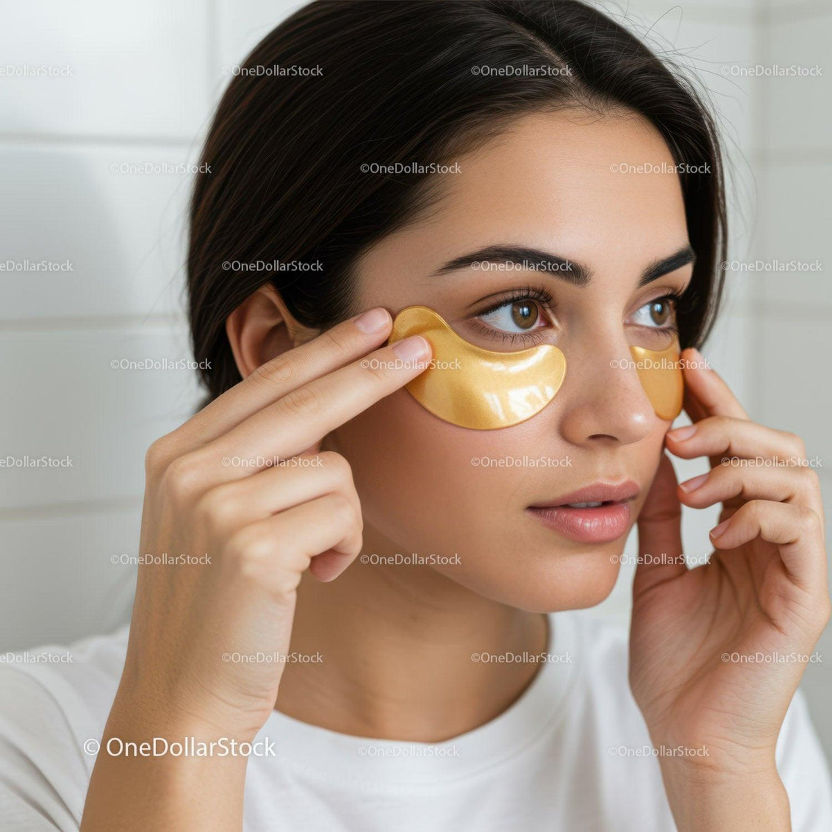 Young Woman Applying Eye Gel Patches for Skincare Treatment