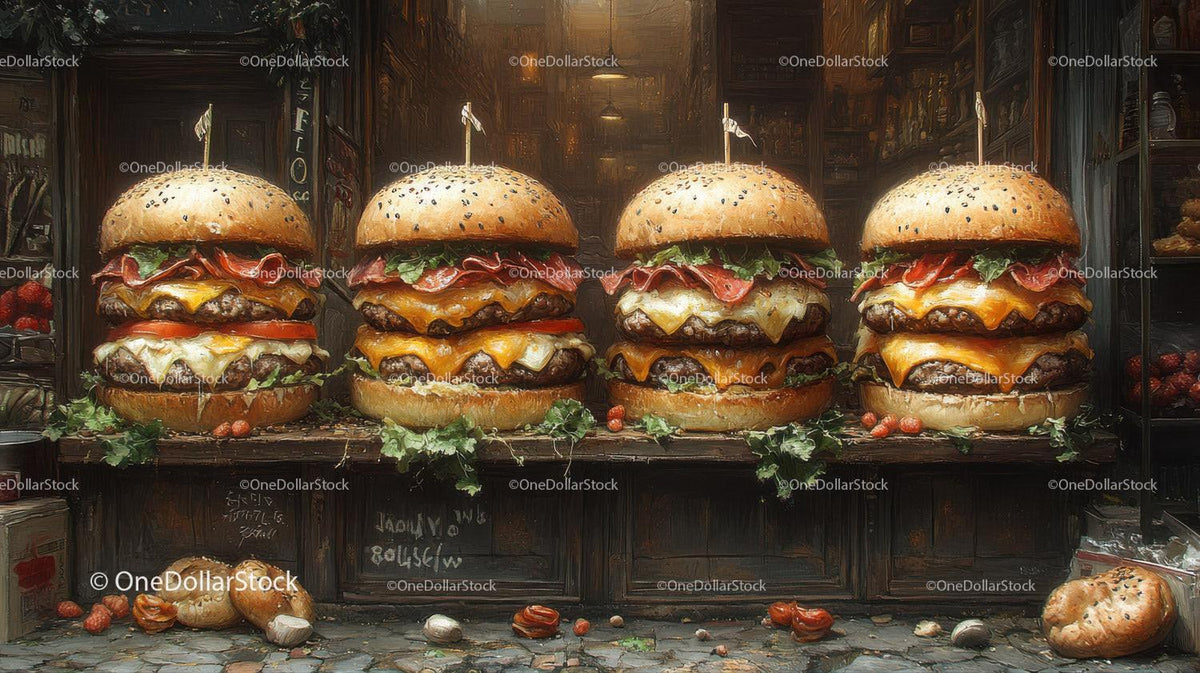 Four cheeseburgers with sesame buns, melted cheese, lettuce, and tomato slices on wooden surface