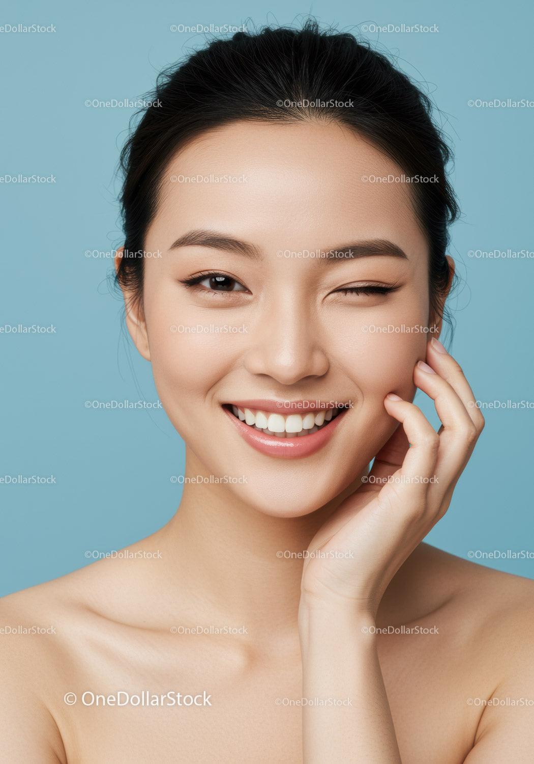 Bright Smiling Woman Portrait with Flawless Skin and Joyful Expression