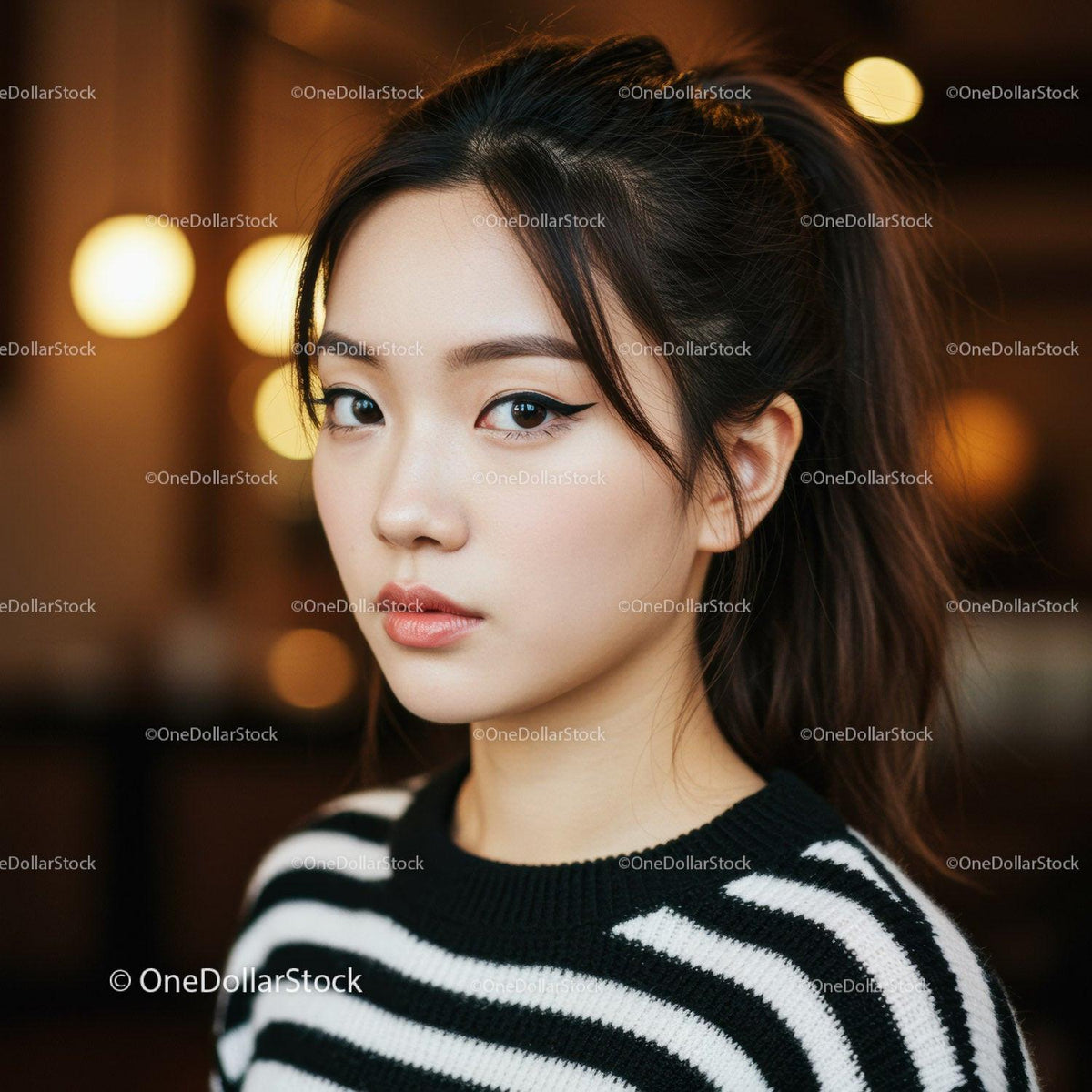 Portrait of a Young Asian Woman with Stylish Makeup and Black and White Sweater
