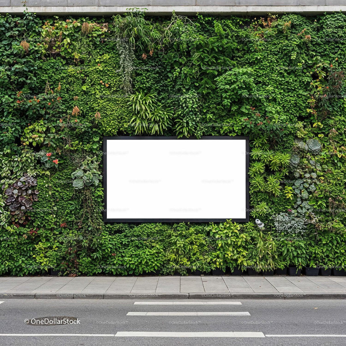 Urban green wall with blank billboard on city street JPG Mockup Image preview