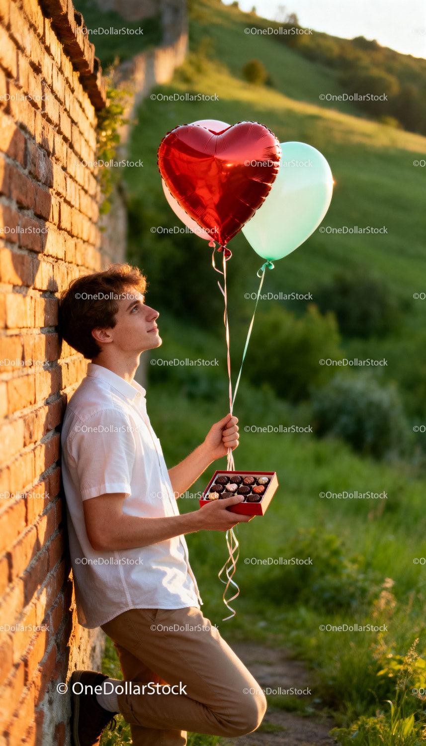 Young man holding heart balloons and chocolates outdoors