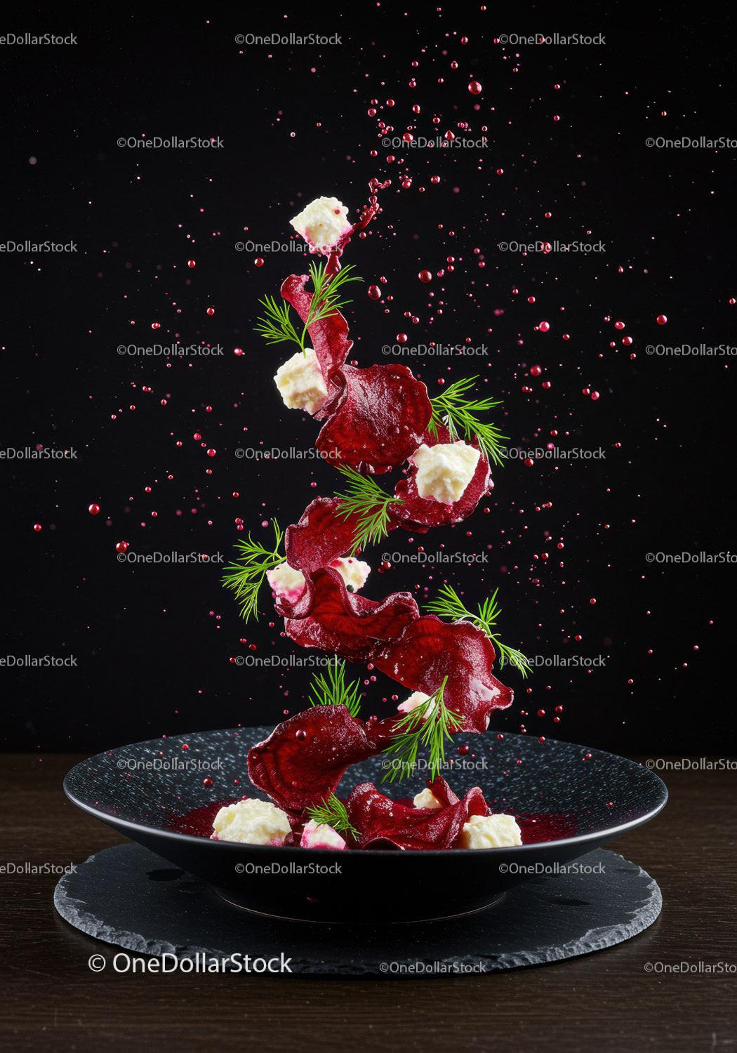 Beetroot chips with cheese and dill in mid-air splash