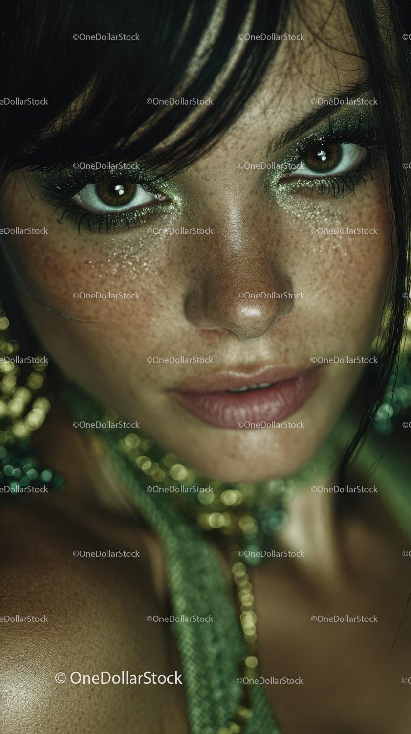 Close-up Portrait of a Woman with Vibrant Green Eyes and Glitter Makeup