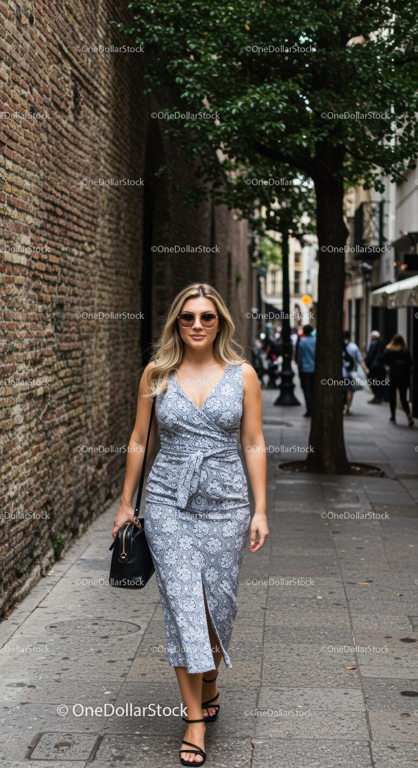 Chic Woman in Stylish Summer Dress Walking Down City Street