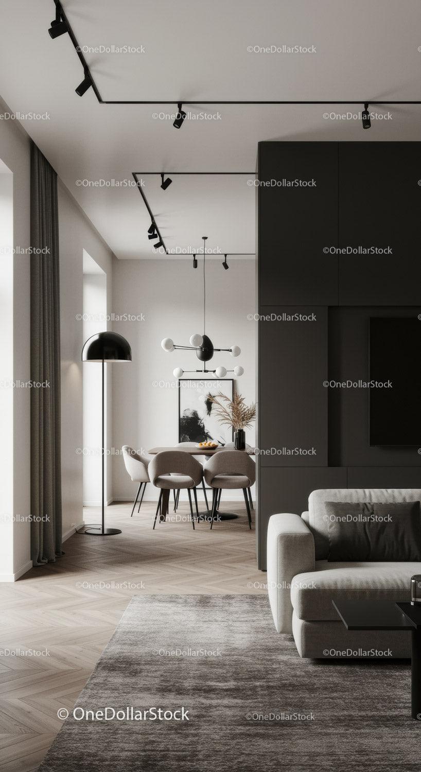 Minimalist modern living and dining area with neutral tones