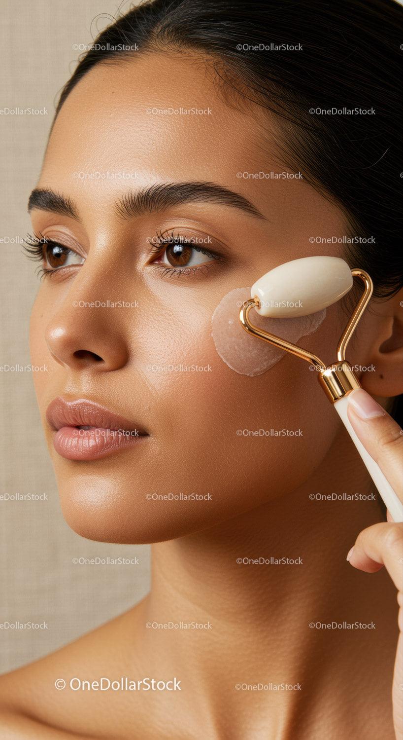 Close-up of Woman Receiving Facial Skincare Treatment with Dermaroller
