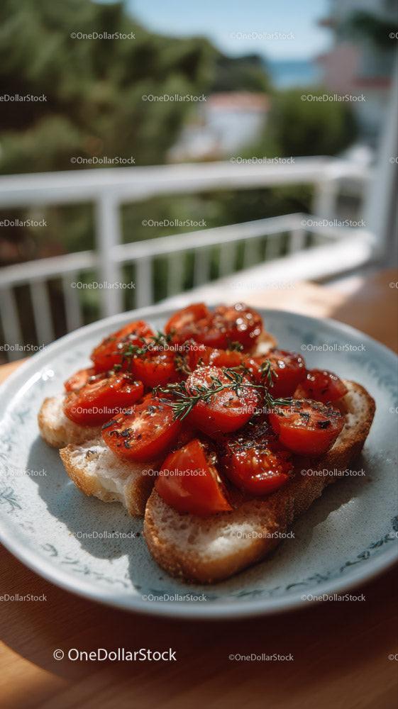 Delicious Cherry Tomato Toast with Fresh Herbs in Outdoor Setting Stock Photo Bundle preview