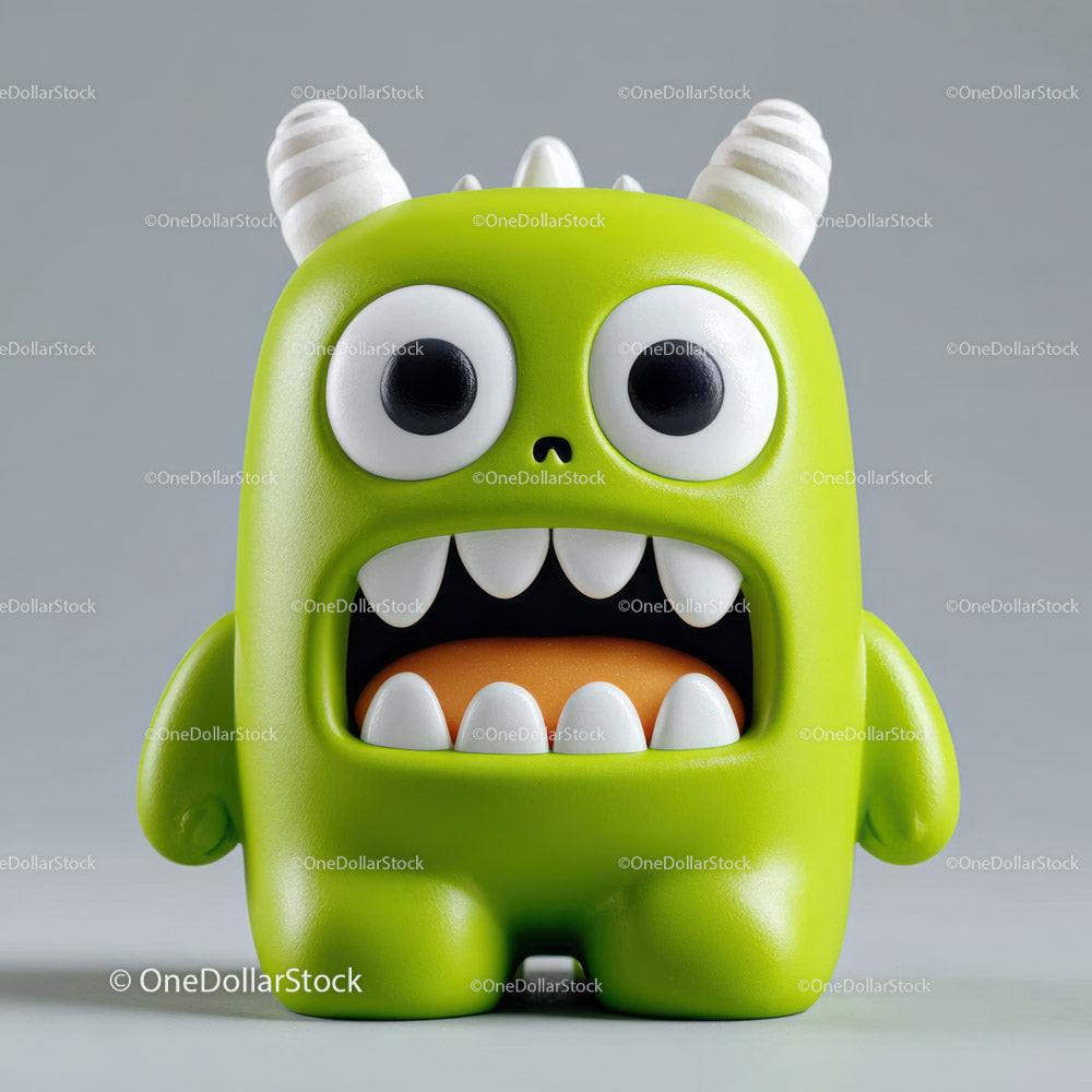 Green cartoon monster figurine with big eyes, white horns, and open mouth